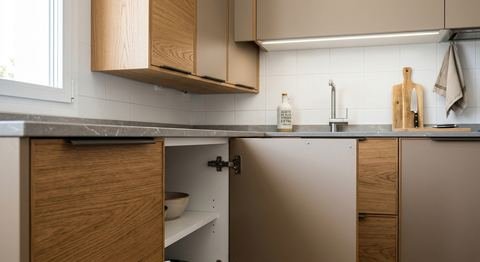 Cocina con muebles de frente de roble y gris arena, encimera de piedra y bisagras vistas